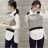 2016春季新款韩版衬衫女娃娃领拼接上衣修身显瘦衬衣假两件衬衫女