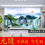 大型壁画 无缝客厅电视沙发墙布 现代中式山水迎客松瀑布鹤墙纸