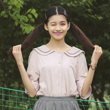日系韩版夏装新款甜美学院娃娃领海军风排扣纯色棉短袖T恤女上衣