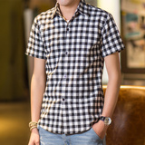 夏季小格子男士短袖衬衫 2016修身青少年欧美衬衣薄款韩版男外套