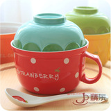 可爱水果陶瓷碗套装日式餐具带盖勺泡面碗儿童创意泡面杯饭碗汤碗