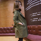 悠苑2016春新品韩版工装系带双排扣中长款修身军绿色风衣外套女