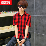 夏季男士短袖格子衬衫韩版修身青少年中学生装休闲衬衣红色棉上衣