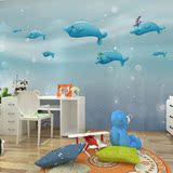 y3D立体儿童房卡通海豚主题背景墙纸壁纸卧室大型壁画海洋海底世