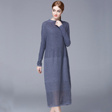 2016大牌奢华灰色羊毛针织连衣裙女高个子大码宽松直筒打底长裙子