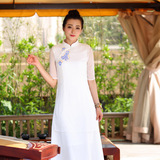 禅意中国风文艺范连衣裙中式复古修身中袖手绘改良汉服长裙