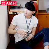 AMH男装韩版2016夏装新款白色青年修身刺绣男士短袖T恤潮NS5374瑃