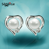 爱心气质珍珠镶钻闪亮耳环 防过敏合金银白色铂金质感银针小耳钉