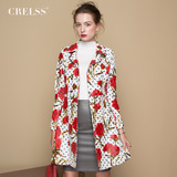 CRELSS高端定制真皮风衣女中长款绵羊皮皮衣印花修身外套冬季新款