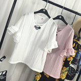 2016新款韩版甜美喇叭袖显瘦微胖女神T恤雪纺衫上衣打底衫女夏装