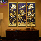 紫之兰 三联荷花卉油画 纯手绘东南亚泰式金箔挂画走廊客厅装饰画