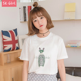 Skgirl2016夏装卡通印花图案白色短袖t恤女韩国半袖学生纯棉体恤