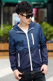 时尚男士连帽风衣2015秋季韩版修身纯棉蓝色英伦中长款外套男