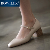 轻奢品牌ROWILUX女鞋子方头真皮单鞋女中跟粗跟搭扣头层牛皮鞋新