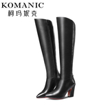 柯玛妮克/Komanic 2015年新款优雅女靴 尖头磨砂粗高跟长靴K57682