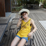 夏装新款韩版民族风工艺刺绣中长款上衣 外穿学生黄色吊带背心女