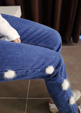 12韩国代购正品Minsshop冬装蓝色毛球球女装侧边毛绒点缀牛仔裤