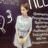 【天天特价】 2016夏季韩版短款女气质收腰蓝白格子衬衫连衣裙