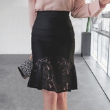 鱼尾裙半身裙2016新款 黑色荷叶边蕾丝包臀裙 弹力修身中长款裙子
