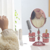台式化妆镜 欧式镜子双面梳妆镜带双收纳筒6寸椭圆形美容镜