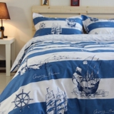 极有家发现 地中海风情中性简约帆船 海洋蓝白条纹纯棉床品四件套