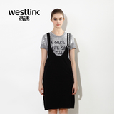 Westlink/西遇2016夏季新款 欧美字母印花中长款针织背带连衣裙