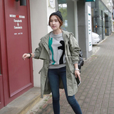 2016韩国新款军绿色连帽外套大码女装韩版修身时尚中长款工装风衣