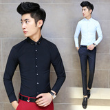 2016春季新款不褪色男士纯黑色衬衫韩版修身小领薄款光滑长袖衬衣