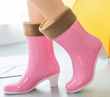 时尚韩国气质高跟女雨鞋春秋中筒雨靴加绒加棉保暖可脱卸水鞋特价