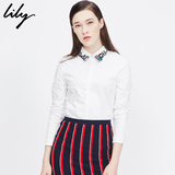 Lily2015冬新款女装欧美纯色修身绣花造型领含棉衬衫115410C4102