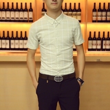 夏季短袖衬衫韩版流行男装格子男士寸衫修身款休闲发型师衬衣潮