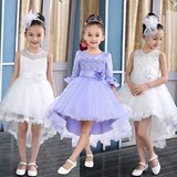儿童礼服公主裙白色紫色长袖拖尾女童中大童连衣裙夏季2016新款裙