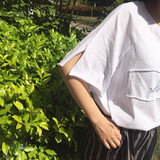韩国chic风设计感不锁边开叉宽松贴布印花短袖T恤女 半袖体恤上衣