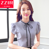 ZZIR女装2016夏季新款短袖雪纺衬衫职业修身丝带上衣大码通勤百搭
