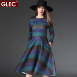 GLEC欧美高端大码女装 2016春装新品胖MM拼色条纹修身显瘦连衣裙