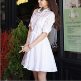 韩国代购2016春季装新款纯色翻领收腰修身连衣裙长款衬衣衬衫女装