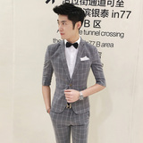 2016夏季男式韩版修身格子七分中袖西服套装英伦潮流青年两件套装