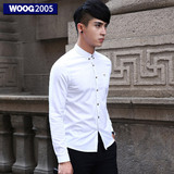 WOOG2005男士修身白色长袖衬衫 2016春季小领时尚牛津纺纯色衬衣