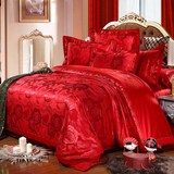 家纺结婚床上用品婚庆四件套大红色四件套床盖贡缎刺绣纯棉包邮