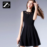 ZK2016春装新款连衣裙子简约通勤A字裙收腰无袖显瘦圆领纯色女装