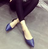 女士单鞋夏季新款 欧美复古时尚格纹尖头浅口平底鞋子蓝色黑色