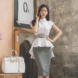 2016新款韩版修身包臀燕尾摆衬衫时尚包臀通勤OL职业套装连衣裙女