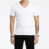 nifomnic男士短袖T恤修身V领半袖纯色紧身纯白体恤打底衫运动上衣