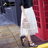 ZK Girl2016夏新款韩版时尚女装百搭白色纯色中长款雪纺半身裙子