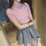 夏季新款韩版女装半高领短袖针织衫女修身紧身上衣薄款打底套头衫