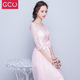 GCU2016春夏季新款婚纱礼服新娘韩式中袖短款修身粉色伴娘敬酒服