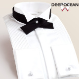 深海男士长袖衬衫燕子领结婚晚礼服纯棉修身免烫法式白色新郎衬衣