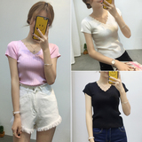 2016夏季新款套头短袖V领打底针织衫韩版修身显瘦短款上衣T恤女薄