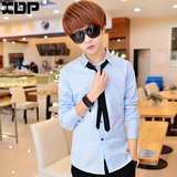 xdp青少年纯色长袖衬衫男韩版修身 中学生时尚休闲衬衣领带领结款
