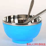 不锈钢碗套装加厚双层隔热防烫防摔儿童碗塑料彩色餐具家用碗勺筷